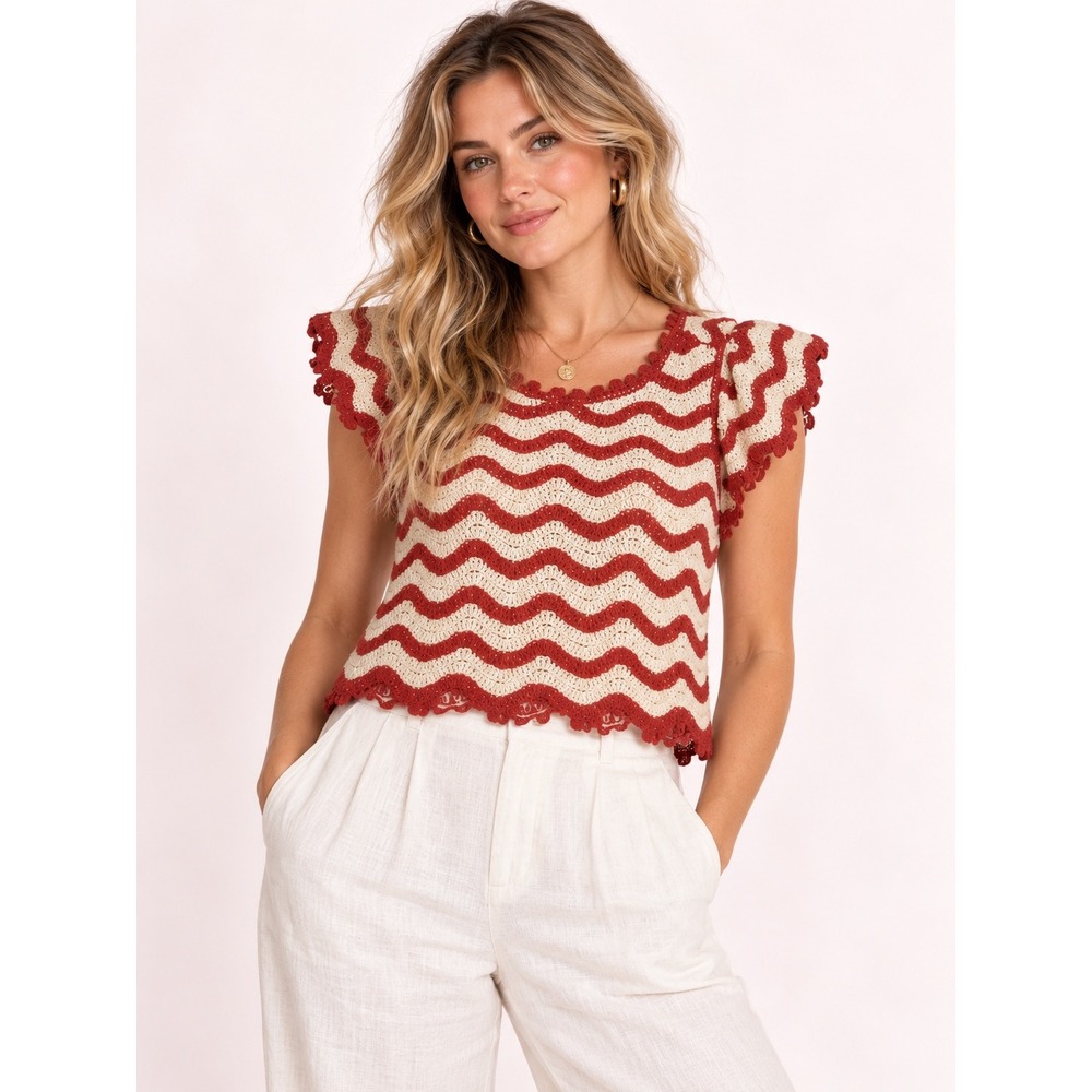 Y2K Red White Wavy Crochet Top Rosette Trim Coquette Ultra Pink Small